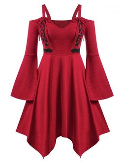 Plus Size Lace Up Cutout Flare Sleeve Hanky Hem Gothic Midi Dress - RED - 1X
