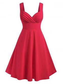 Plus Size Sweetheart Neck Ruched Bust Vintage Pin Up Dress - DEEP RED - 1X