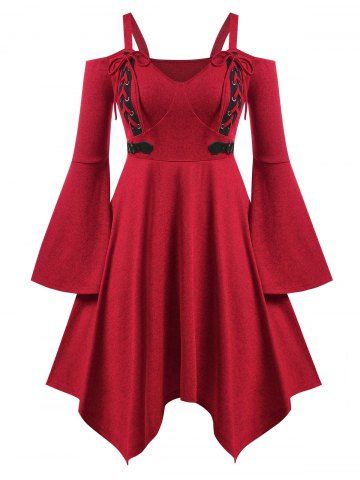 Plus Size Lace Up Cutout Flare Sleeve Hanky Hem Gothic Midi Dress - RED - L