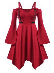 Plus Size Lace Up Cutout Flare Sleeve Hanky Hem Gothic Midi Dress -  