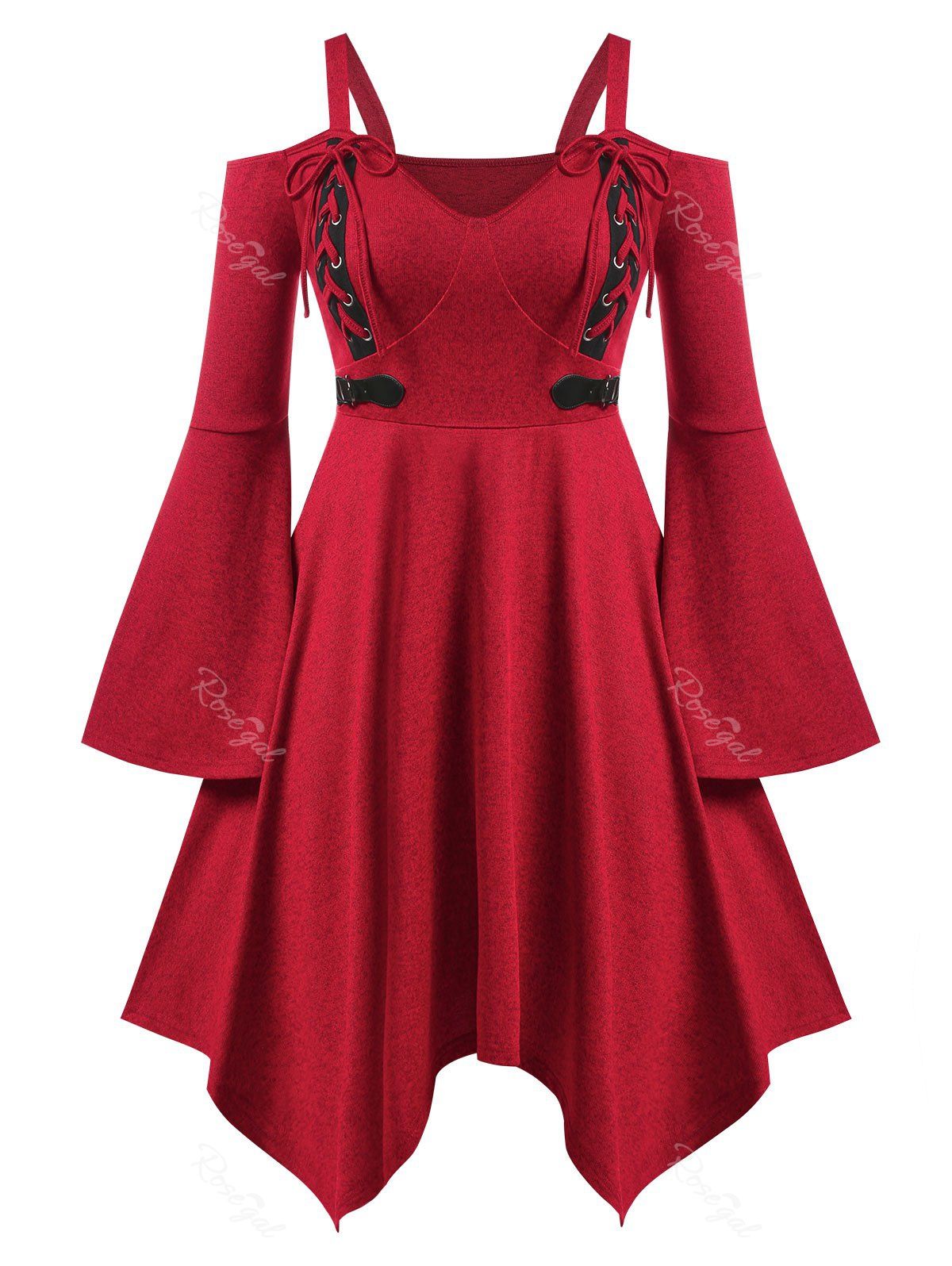 New Plus Size Lace Up Cutout Flare Sleeve Hanky Hem Gothic Midi Dress  