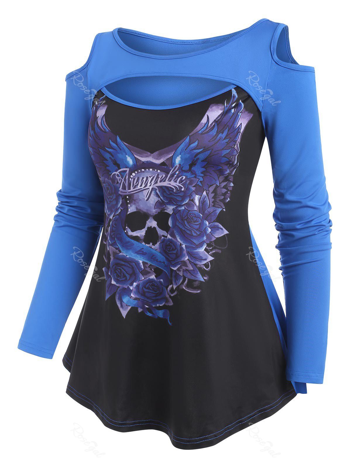 Sale Skull Flower Wing Print Open Shoulder Cutout T Shirt  