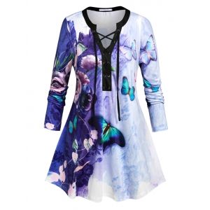 

Plus Size Flower Butterfly Lace Up Long Sleeve T-shirt, Concord