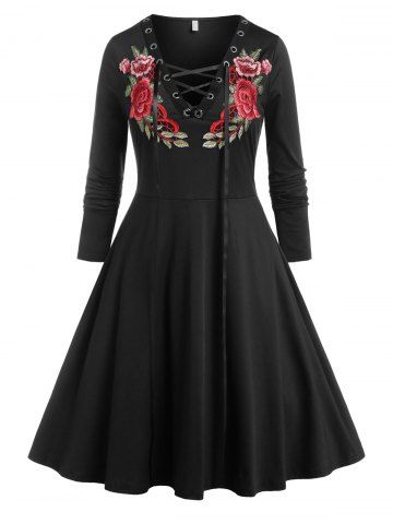 Plus Size Floral Applique Lace Up Dress - BLACK - L