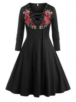 Plus Size Floral Applique Lace Up Dress - BLACK - 2X