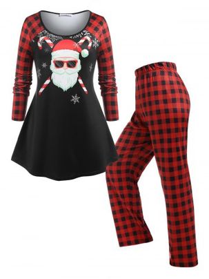 Plus Size Santa Claus Print Plaid Christmas Pajamas Set