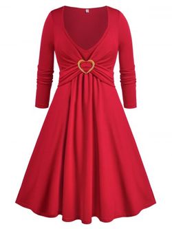 Robe Vintage Trapèze Plissée Cœur Anneau de Grande Taille - RED - L