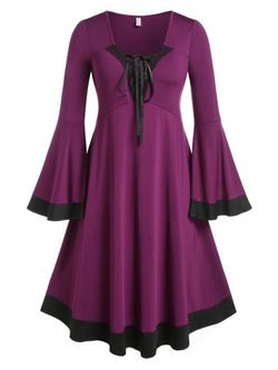 Plus Size Lace Up Floral Crochet Flare Sleeve Gothic Midi Dress - CONCORD - 1X