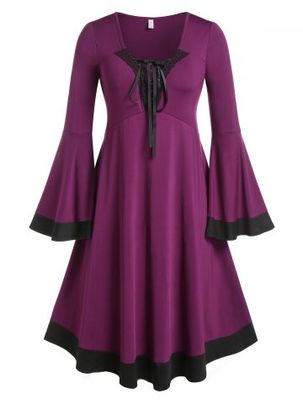 Plus Size Lace Up Floral Crochet Flare Sleeve Gothic Midi Dress