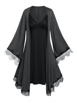 Plus Size Bell Sleeve Lace Panel Robe and Sleep Dress - GRAY - L