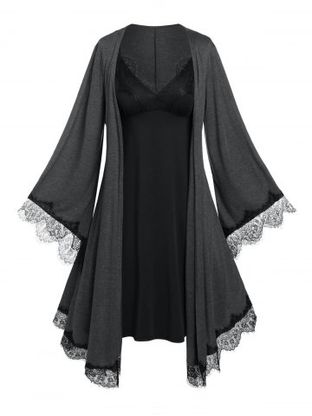 Plus Size Bell Sleeve Lace Panel Robe and Sleep Dress