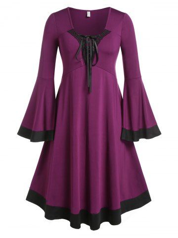 Plus Size Lace Up Floral Crochet Flare Sleeve Gothic Midi Dress - CONCORD - L