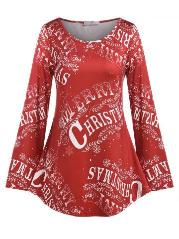 Plus Size Merry Christmas Print Graphic T-shirt - RED - L