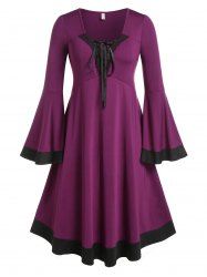 Plus Size Lace Up Floral Crochet Flare Sleeve Gothic Midi Dress -  