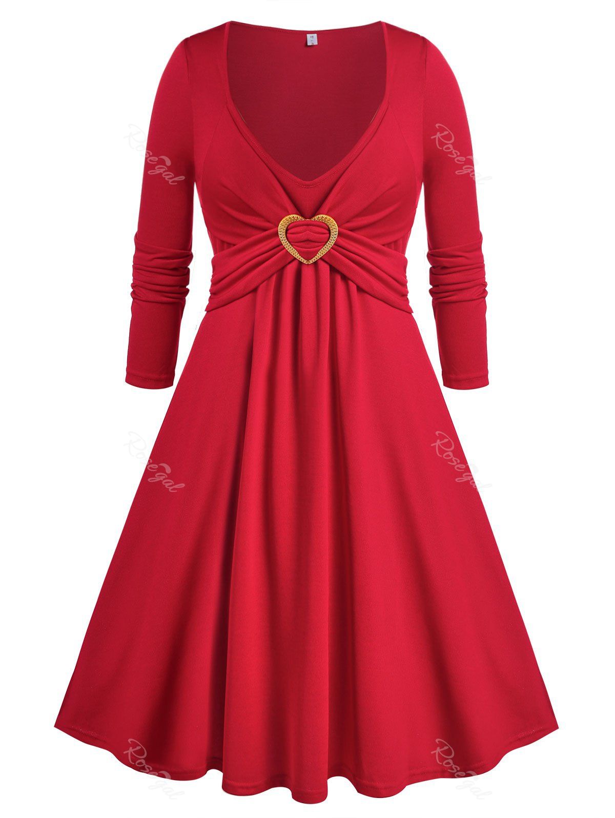 Robe Vintage Trapèze Plissée Cœur Anneau de Grande Taille Rouge L