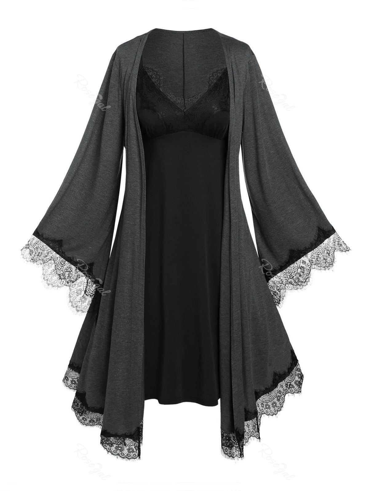 Affordable Plus Size Bell Sleeve Lace Panel Robe and Sleep Dress  