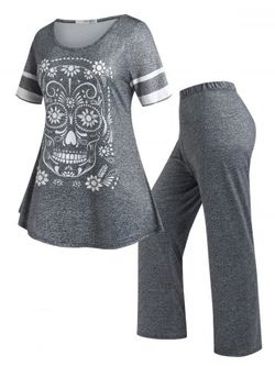 Plus Size Space Dye Skull Pajama T-shirt and Pants Set - GRAY - L