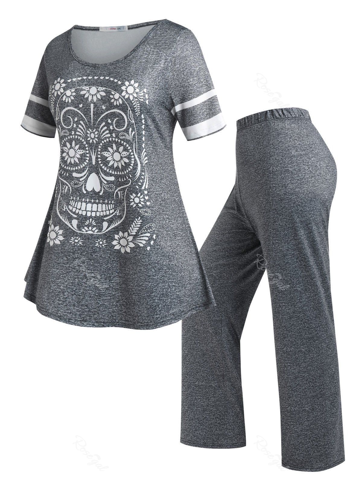 Sale Plus Size Space Dye Skull Pajama T-shirt and Pants Set  