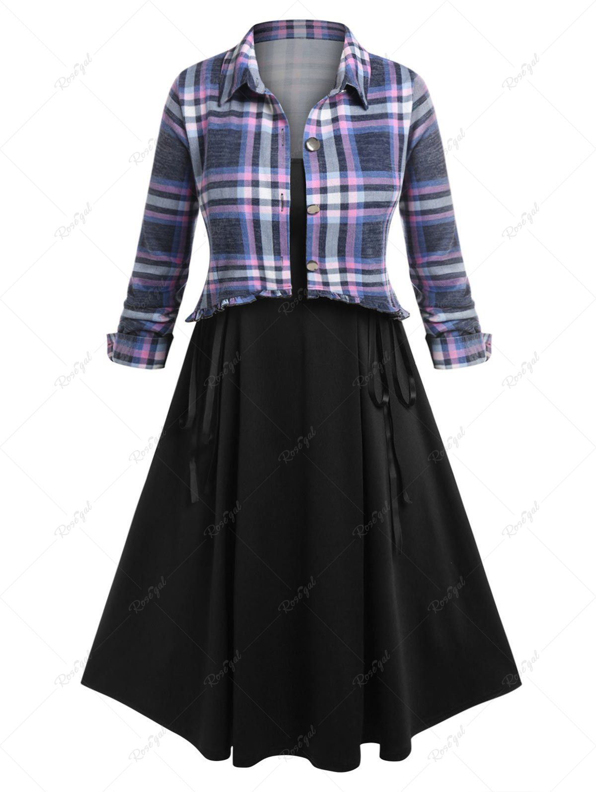 Sale Plus Size Plaid Shirt and Lace Up Buckled Midi Dress Set  