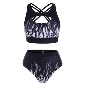 

Criss Cross Cutout Octopus Print Tankini Swimwear, Black