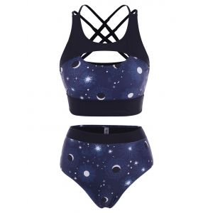 

Sun Moon Star Print Criss Cross Cutout Tankini Swimwear, Black