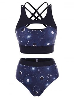 Sun Moon Star Print Criss Cross Cutout Tankini Swimwear - BLACK - M
