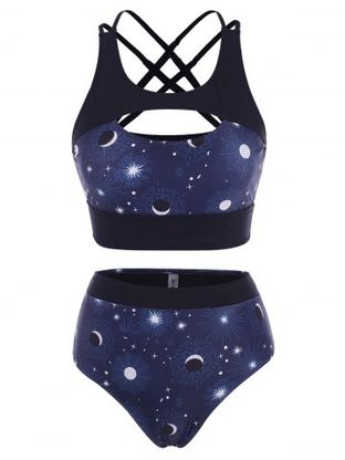 Sun Moon Star Print Criss Cross Cutout Tankini Swimwear