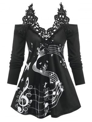 Music Note Lace Long Sleeve T-shirt
