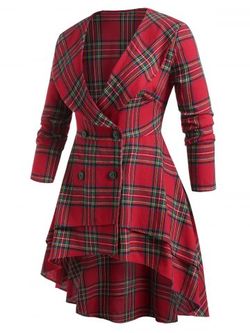 Plus Size Plaid High Low Layered Skirted Blazer - RED - L