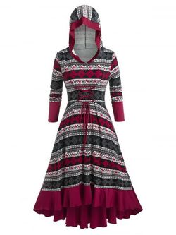 Plus Size Lace Up Printed High Low Hooded Midi Dress - DEEP RED - L
