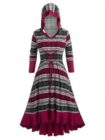 Plus Size Lace Up Printed High Low Hooded Midi Knit Dress - DEEP RED - 1X