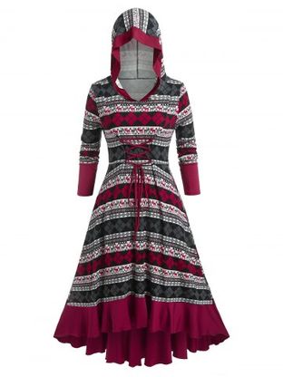 Plus Size Lace Up Printed High Low Hooded Midi Dress