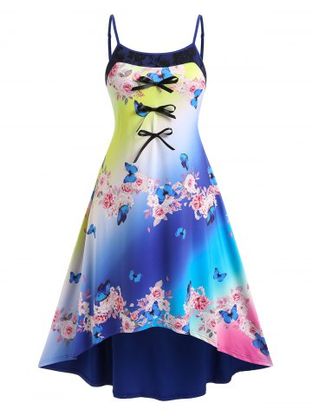Plus Size&Curve Bowknot Ombre Color Floral Print High Low Dress
