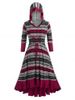 Plus Size Lace Up Printed High Low Hooded Midi Dress -  