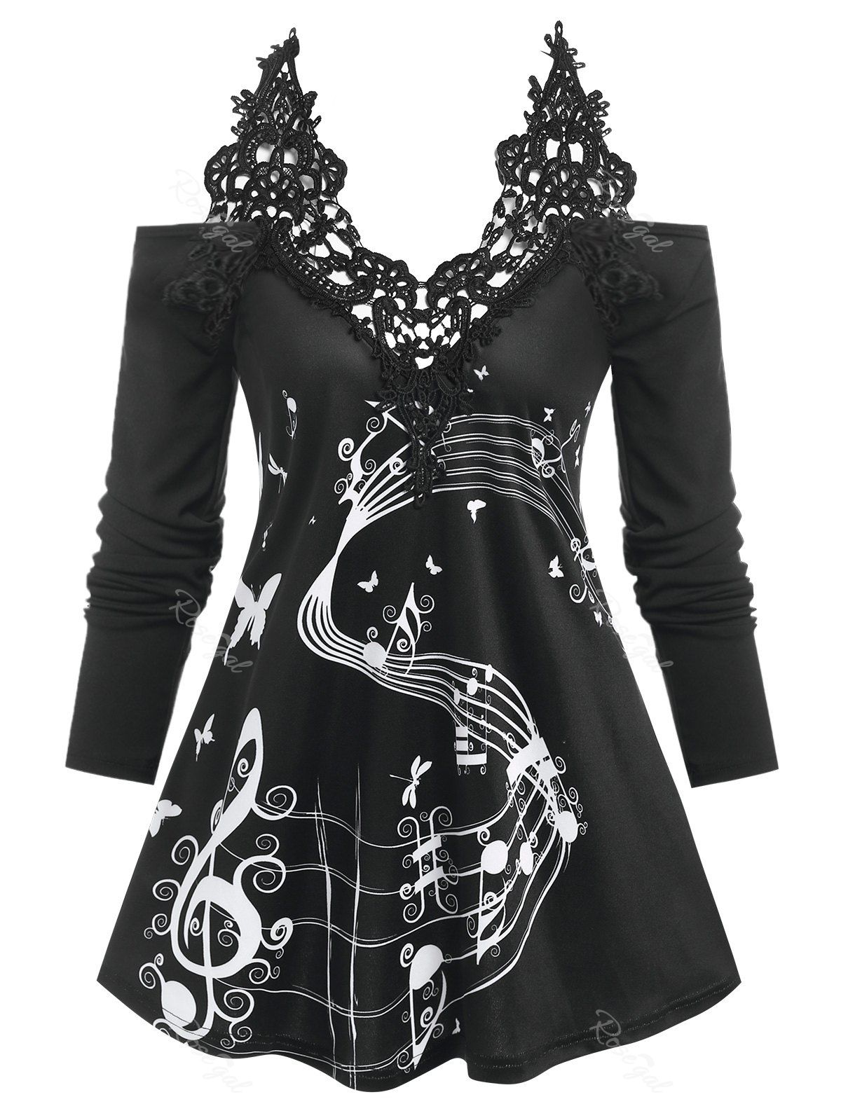 Chic Music Note Lace Long Sleeve T-shirt  