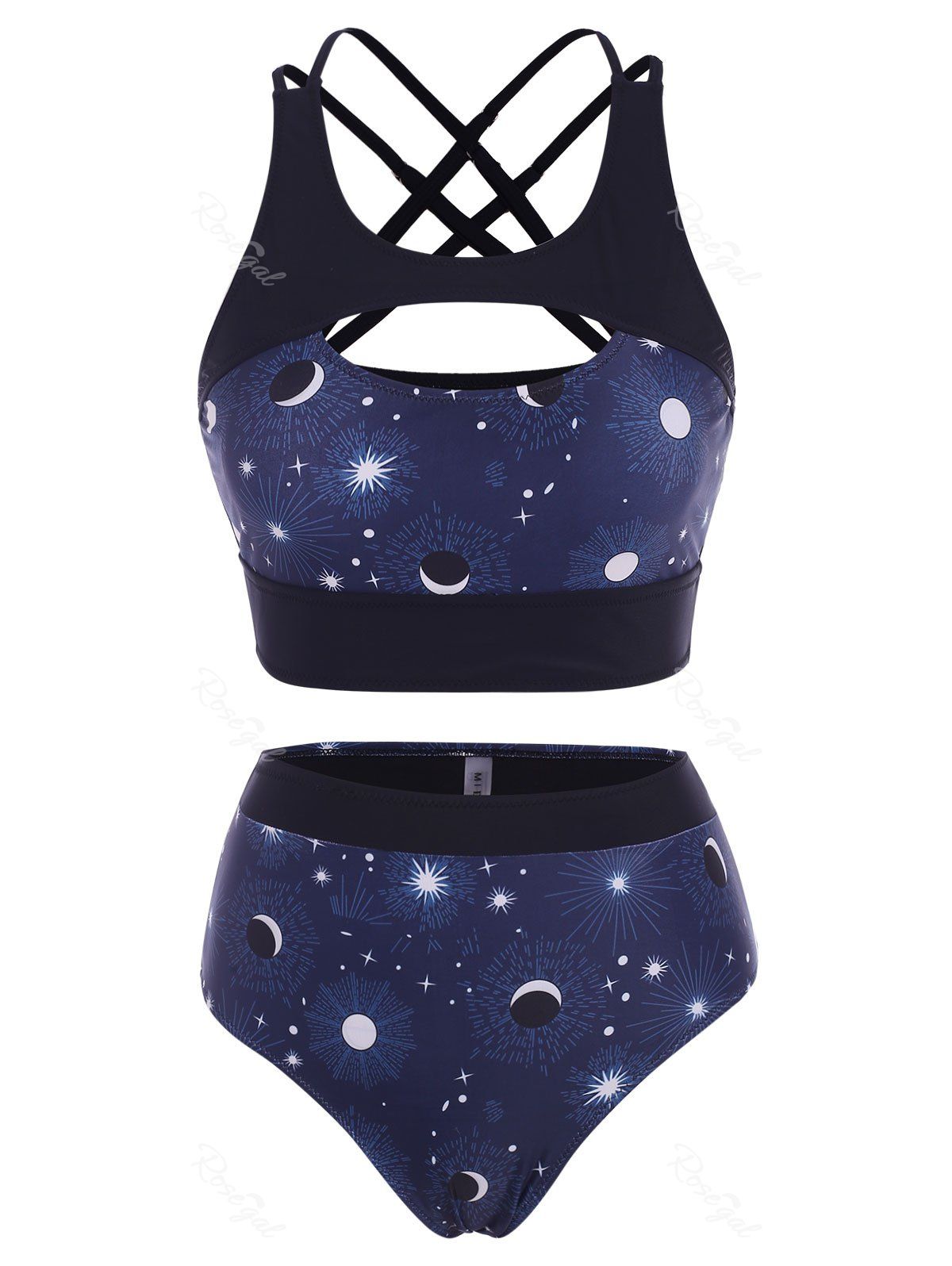 Store Sun Moon Star Print Criss Cross Cutout Tankini Swimwear  
