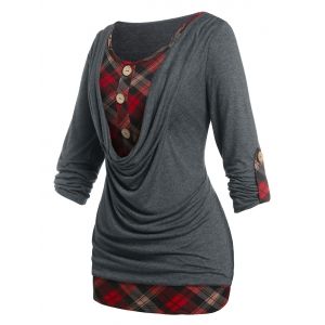 

Plus Size Roll Up Sleeve Cowl Front Plaid Twofer Tee, Gray