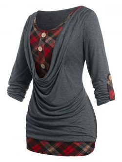 Plus Size Roll Up Sleeve Cowl Front Plaid Twofer Tee - GRAY - 4X