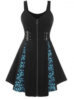 Plus Size Gothic Colorblock Lace Insert Skulls Grommet Buckles Dress - LIGHT BLUE - L