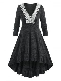 Lace Button Heathered Flounce High Low Midi Dress - BLACK - 1X
