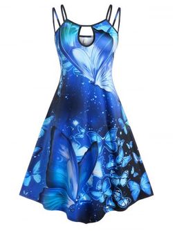 Plus Size&Curve Keyhole Butterfly Print Irregular Dress - BLUE - L