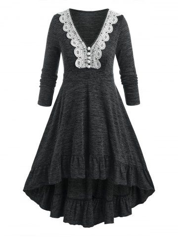 Lace Button Heathered Flounce High Low Midi Dress - BLACK - L