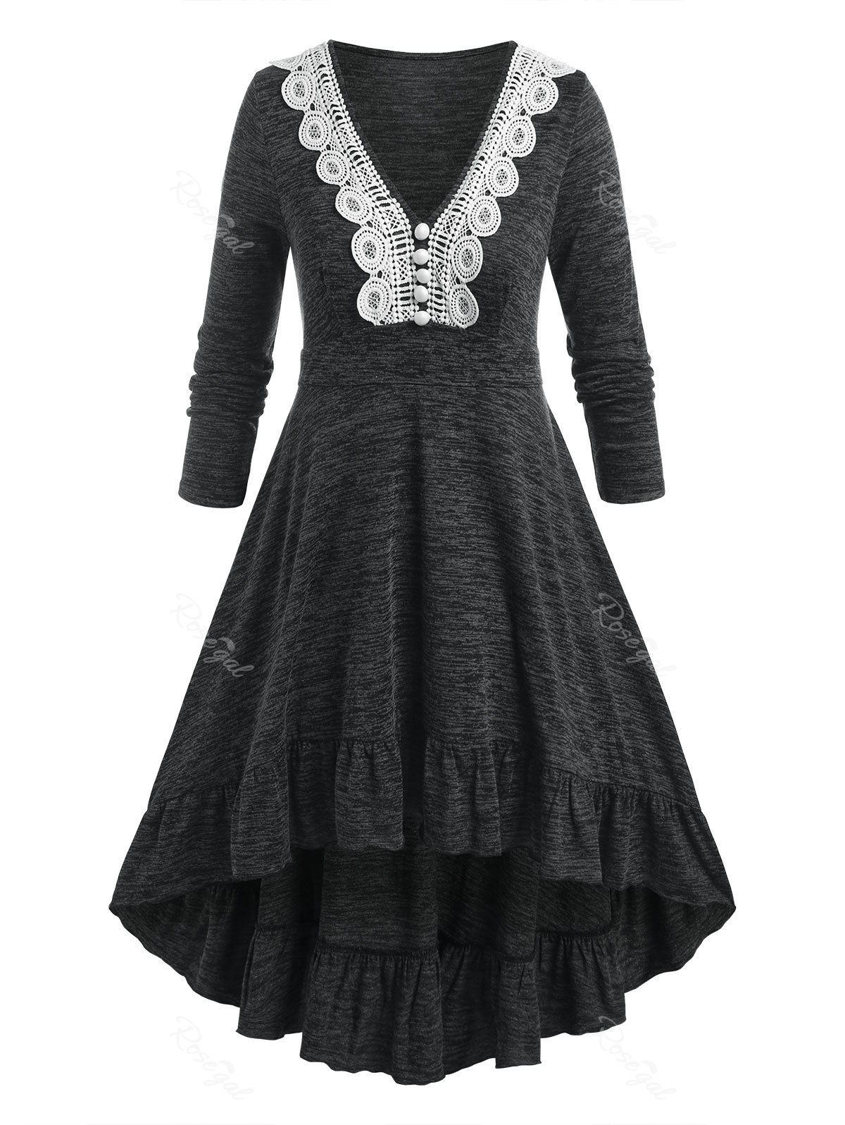 Affordable Lace Button Heathered Flounce High Low Midi Dress  