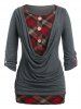 Plus Size Roll Up Sleeve Cowl Front Plaid Twofer Tee -  