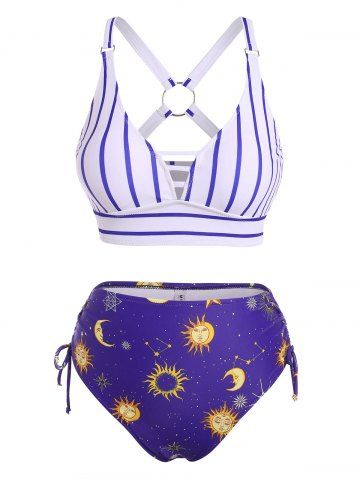 Striped Sun Moon Star Print O Ring Cinched Tankini Swimwear - DEEP BLUE - XXL