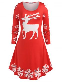 Plus Size Christmas Elk Christmas Print T-shirt Dress - RED - 1X