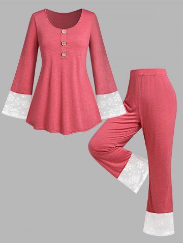 Plus Size Snowflake Lace Christmas Pajamas Set - RED - 3X