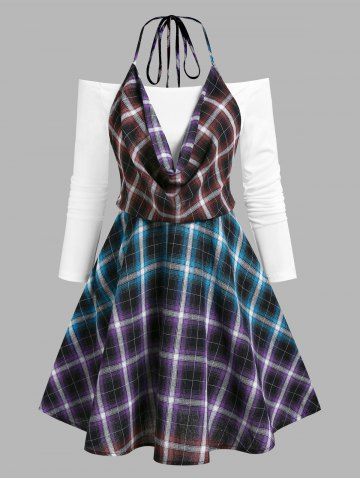 Halter Plaid Print Faux Twinset Dress - MULTI - XXL