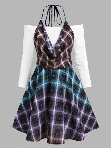 Halter Plaid Print Faux Twinset Dress - MULTI - XXXL