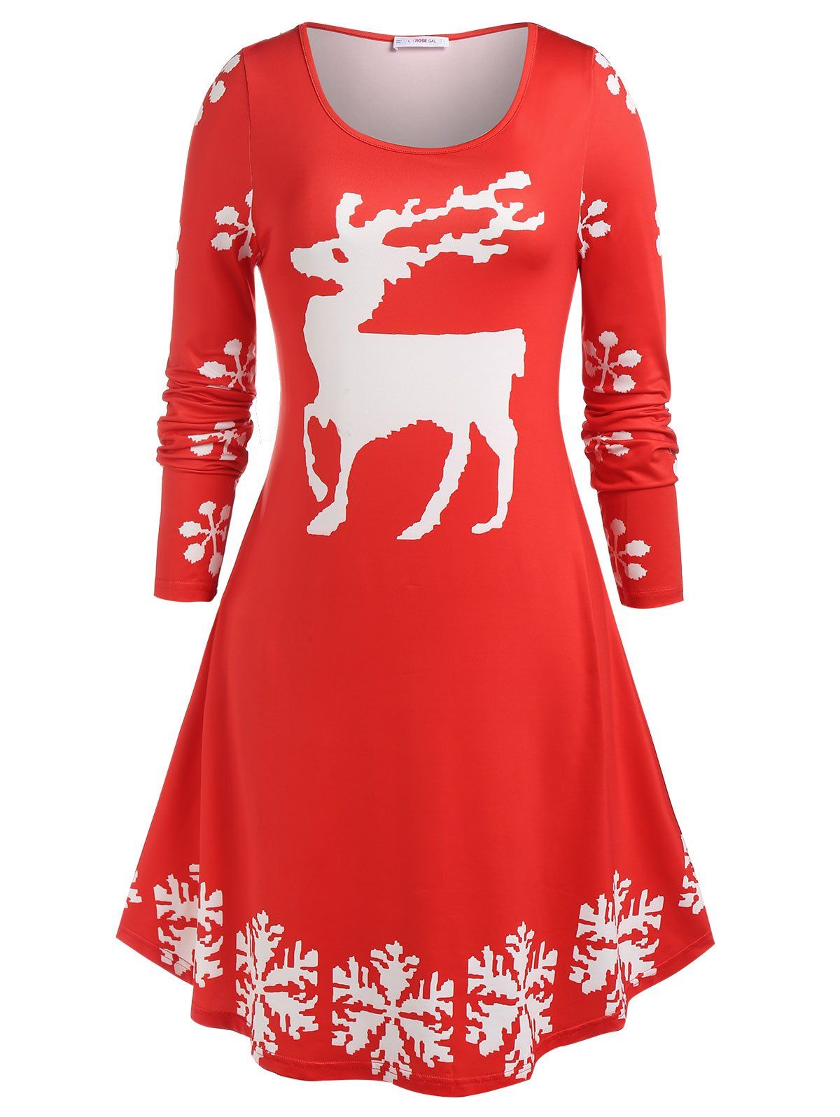 Robe Chemise de Noël à Imprimé Cerf de Grande Taille Rouge 5X